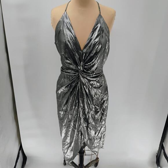 Sheike V-Cut Silver Bodycon Twist Knot Waistline Mini Dress Women's 8 metallic - Picture 1 of 16